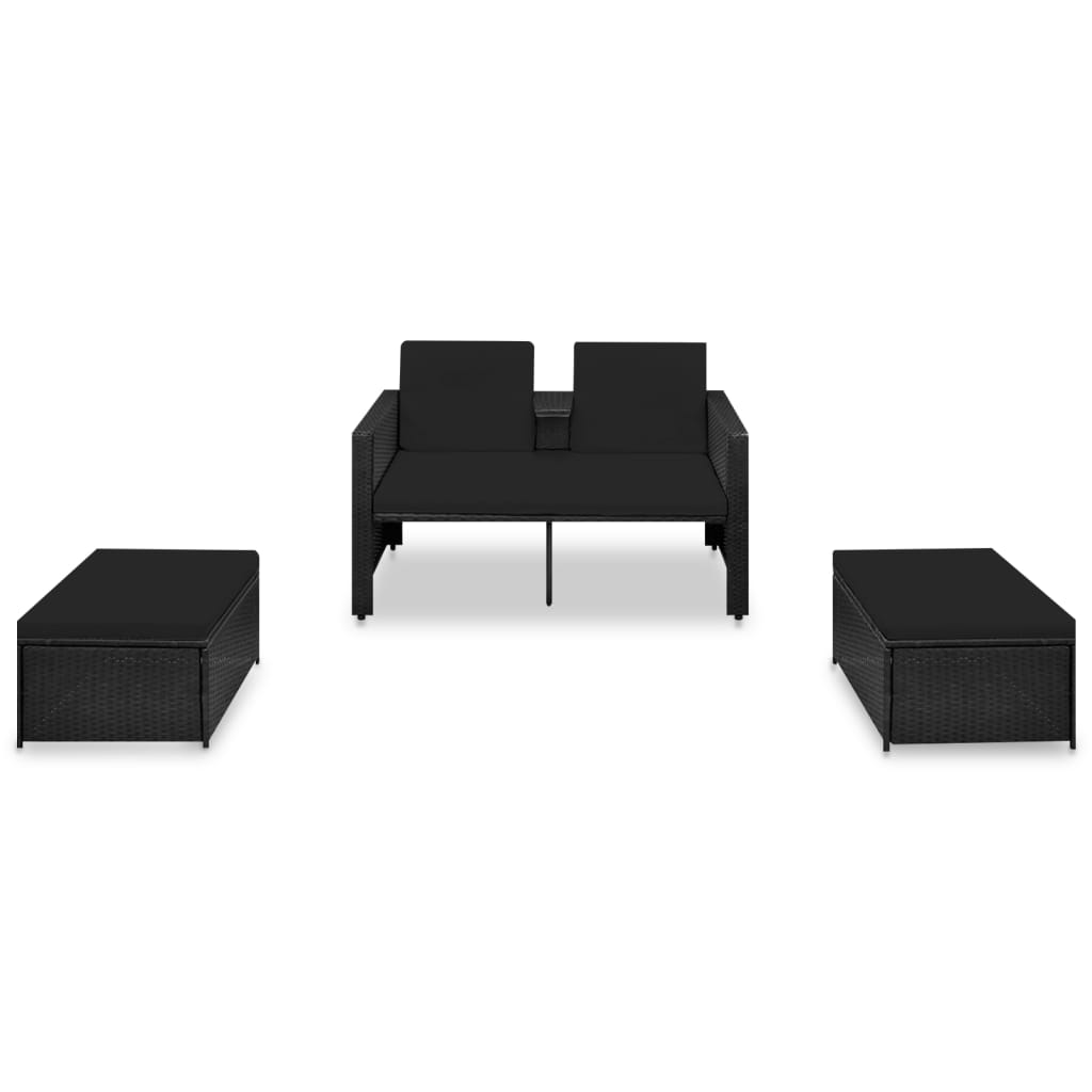 3-delige Loungeset met kussens poly rattan zwart