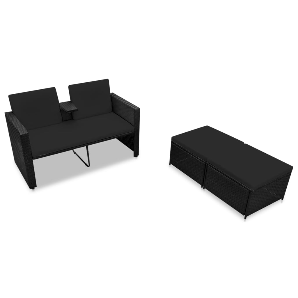 3-delige Loungeset met kussens poly rattan zwart