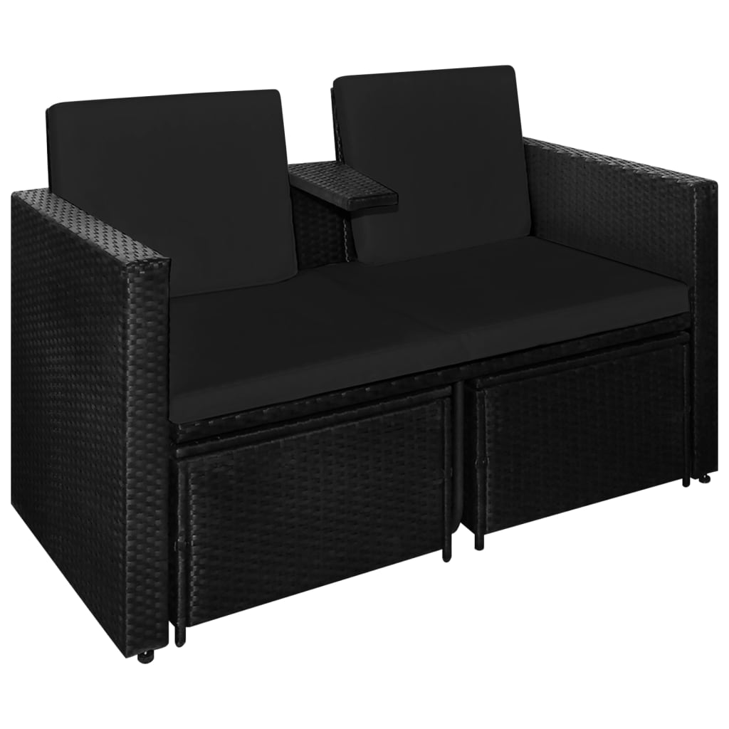 3-delige Loungeset met kussens poly rattan zwart