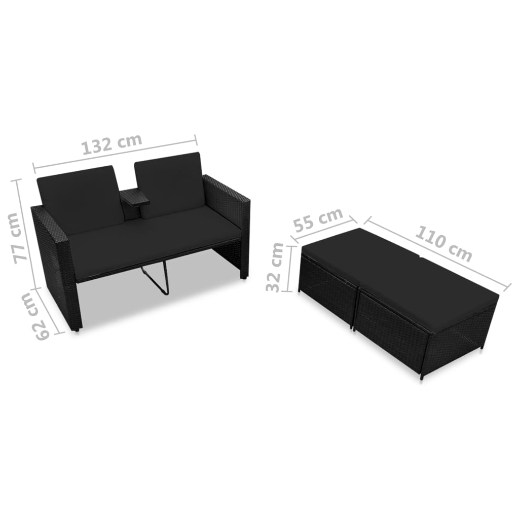 3-delige Loungeset met kussens poly rattan zwart