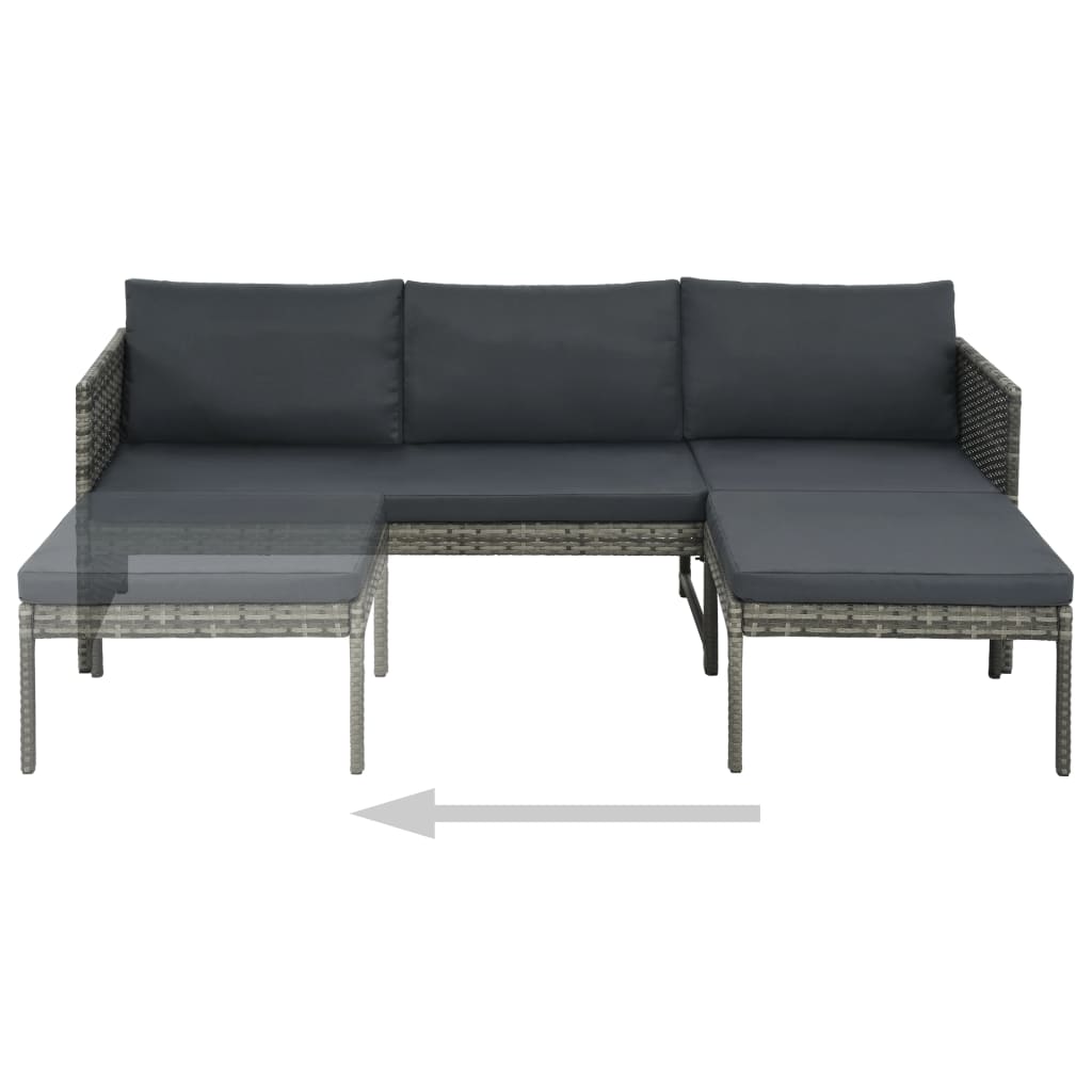 3-delige Loungeset met kussens poly rattan grijs