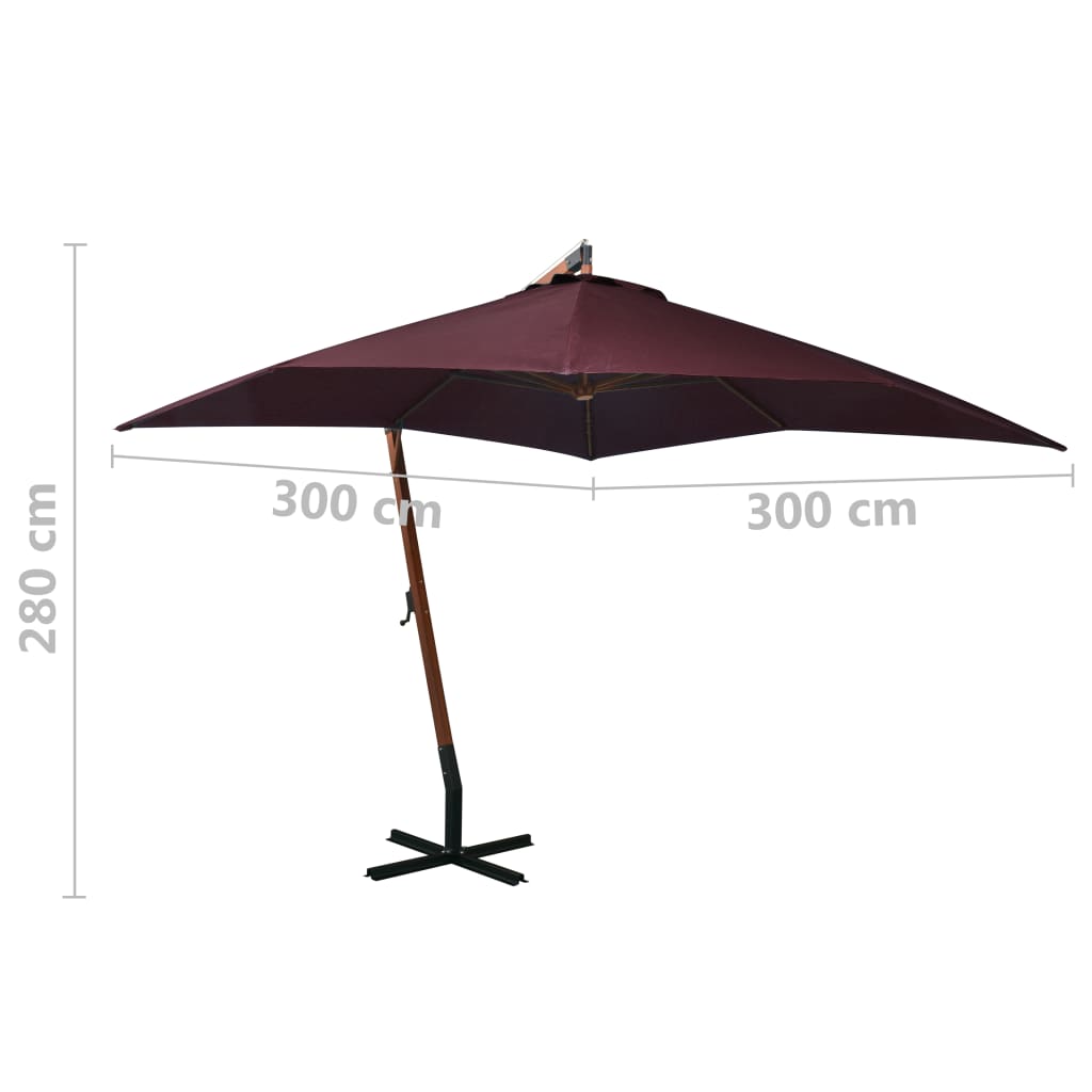 Zweefparasol met paal 3x3 m massief vurenhout bordeauxrood