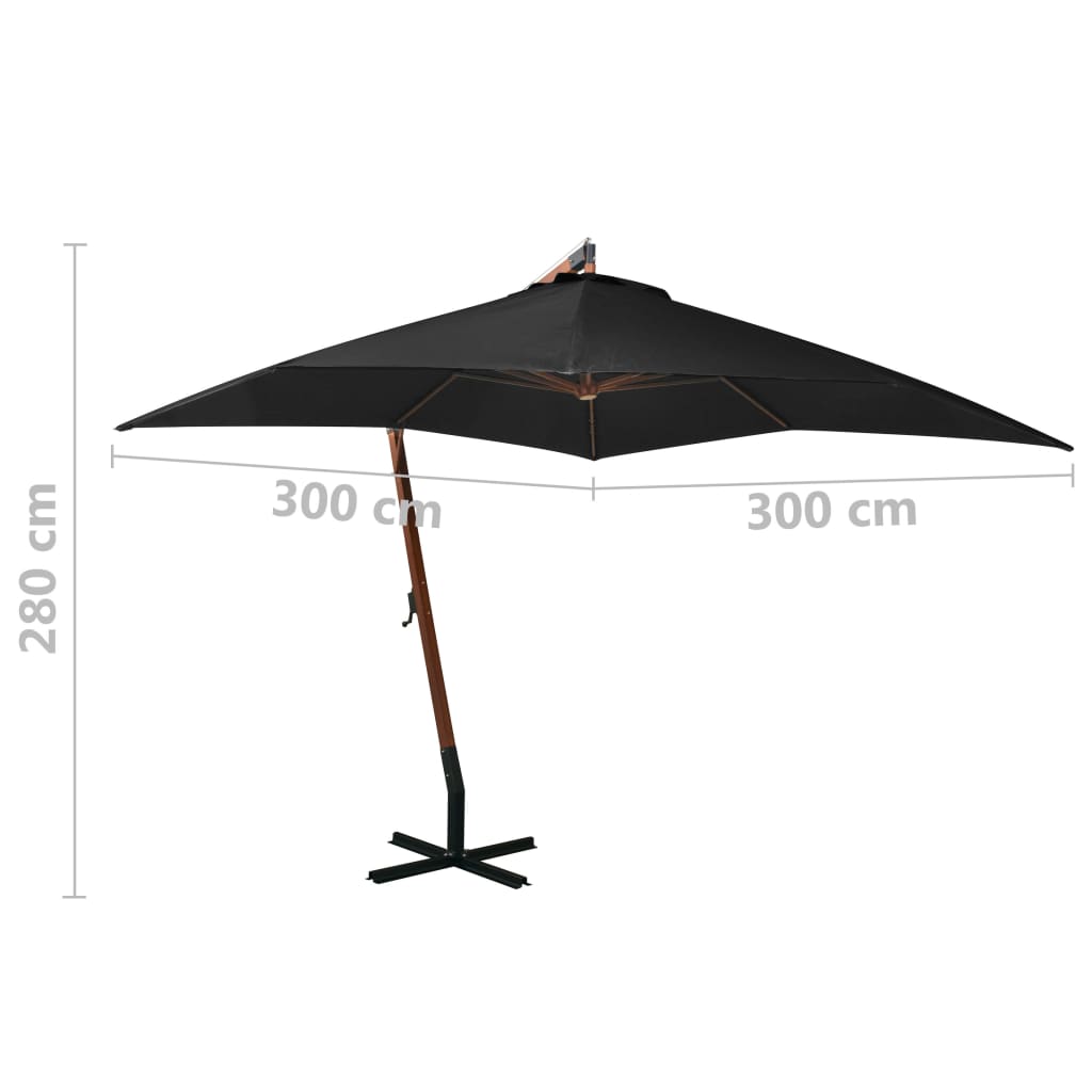 Zweefparasol met paal 3x3 m massief vurenhout zwart