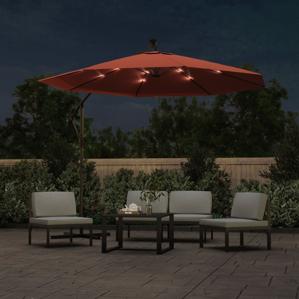 Zweefparasol met LED-verlichting en stalen paal terracotta