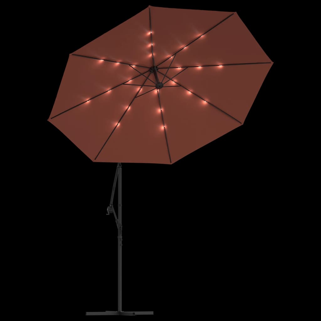 Zweefparasol met LED-verlichting en stalen paal terracotta