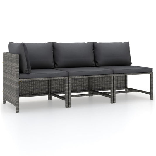 3-delige Loungeset met kussens poly rattan grijs