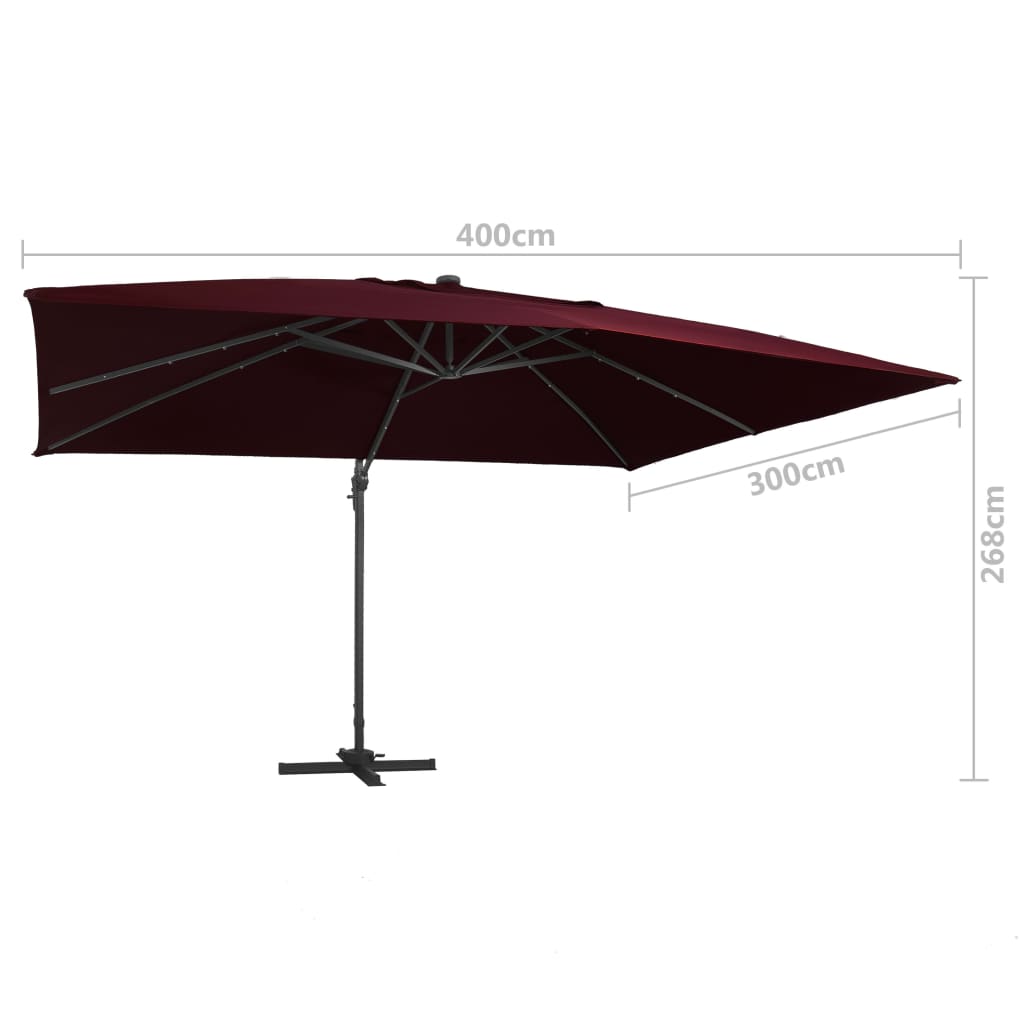 Zweefparasol met LED-verlichting 400x300 cm bordeauxrood