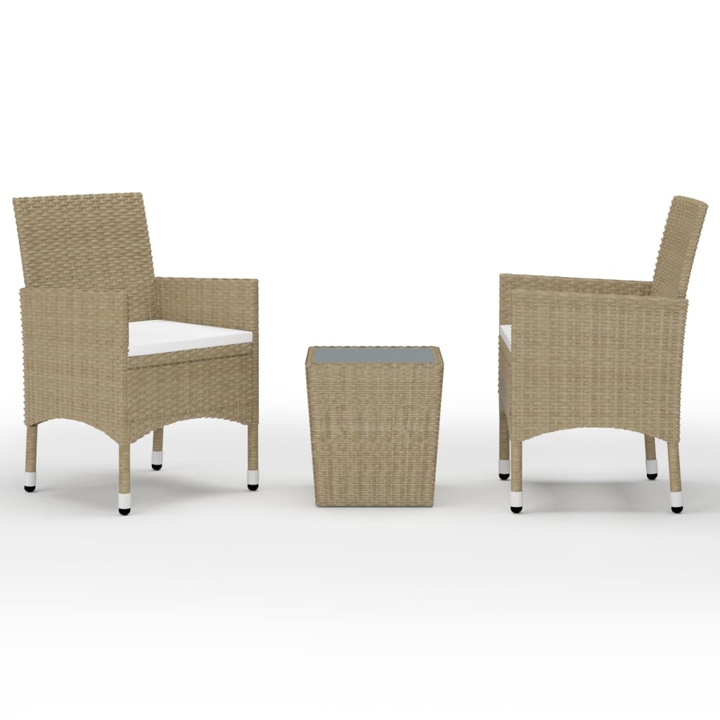 3-delige Bistroset poly rattan en gehard glas beige