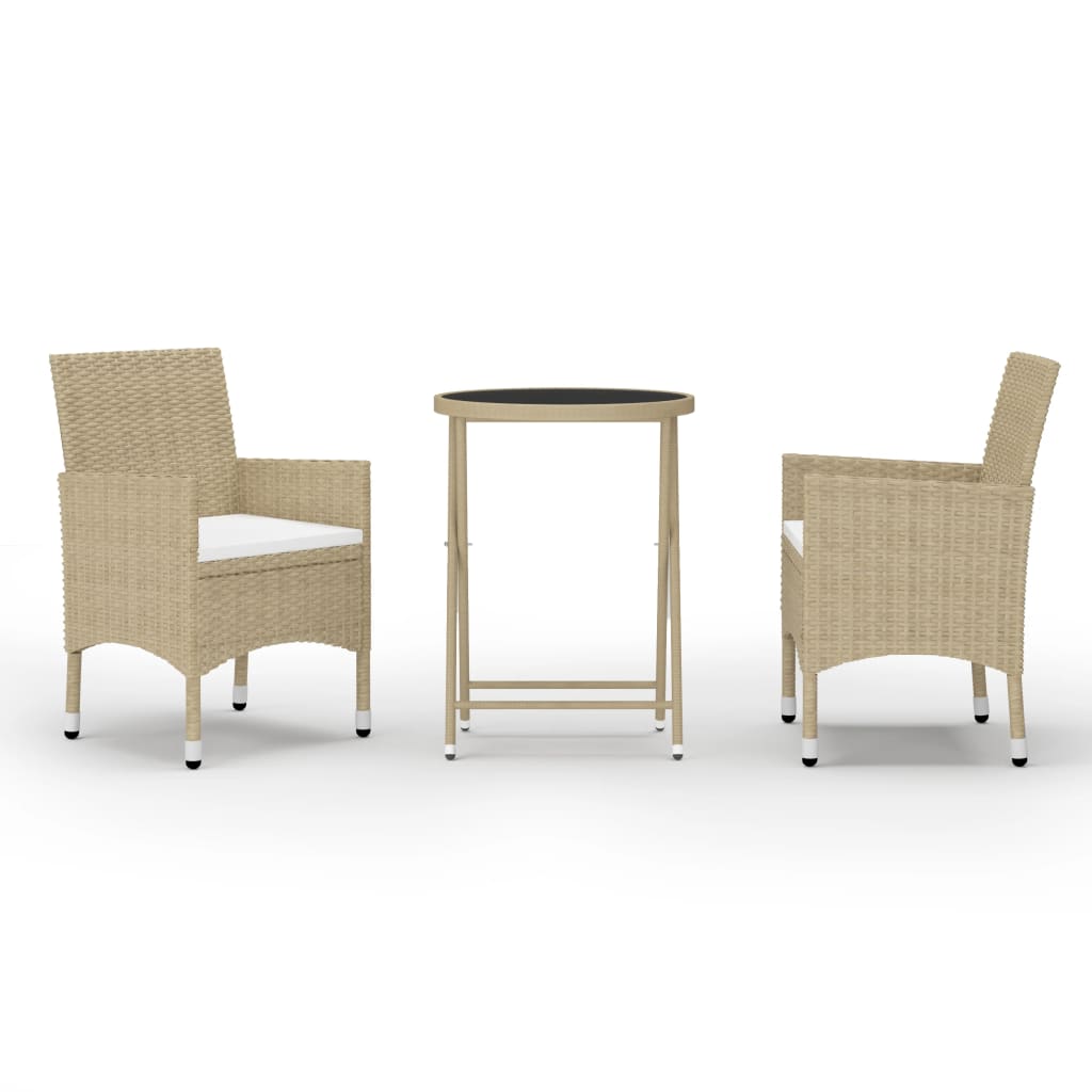 3-delige Bistroset poly rattan en gehard glas beige