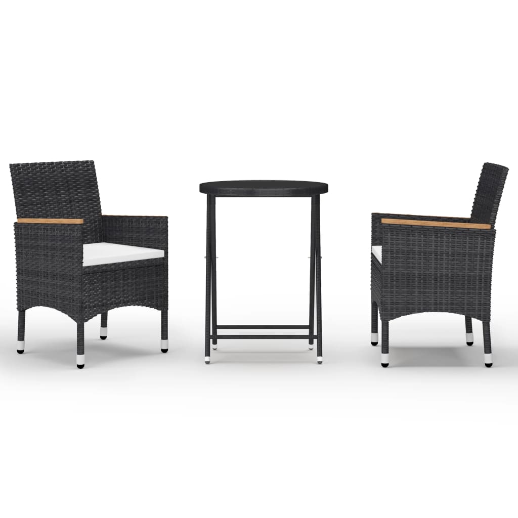 3-delige Bistroset poly rattan en gehard glas zwart