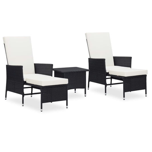 3-delige Loungeset met kussens poly rattan zwart