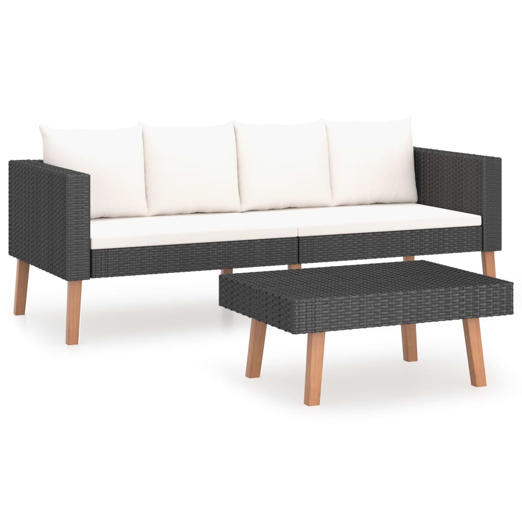 2-delige Loungeset met kussens poly rattan zwart