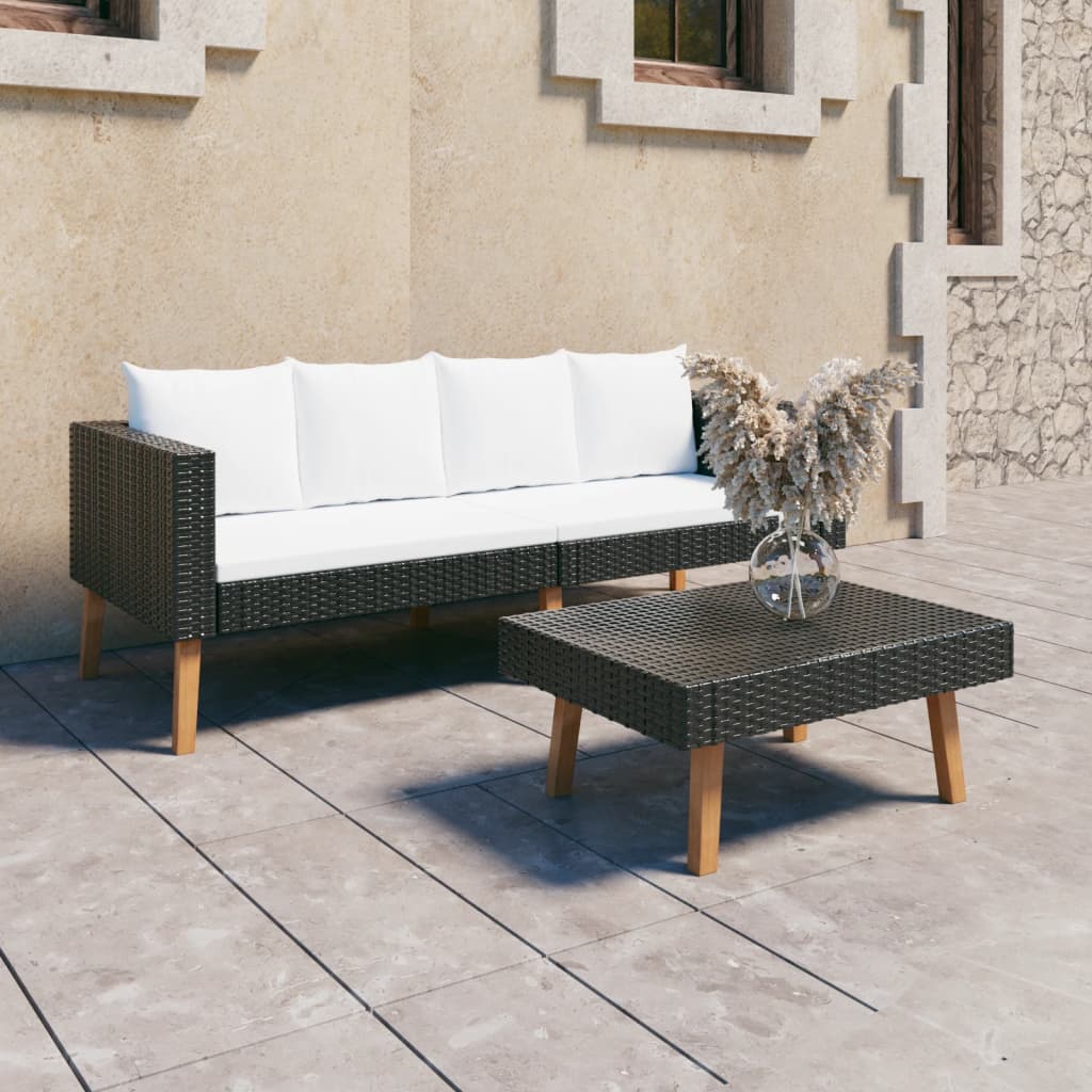 2-delige Loungeset met kussens poly rattan zwart