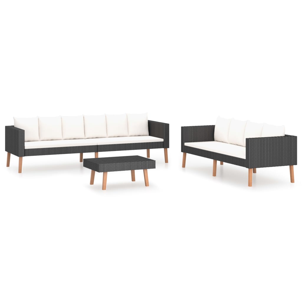 3-delige Loungeset met kussens poly rattan zwart