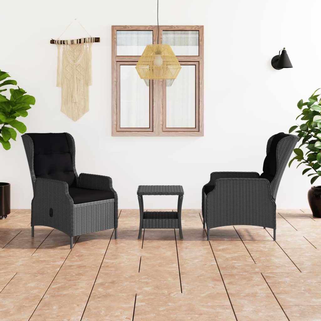 3-delige Loungeset met kussens poly rattan donkergrijs