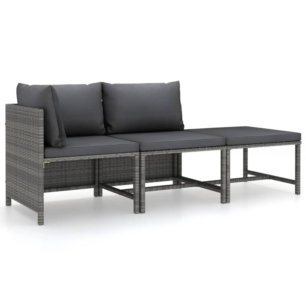 3-delige Loungeset met kussens poly rattan grijs