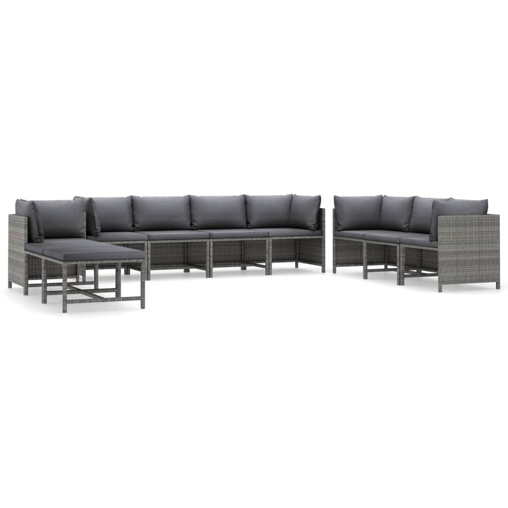 10-delige Loungeset met kussens poly rattan grijs