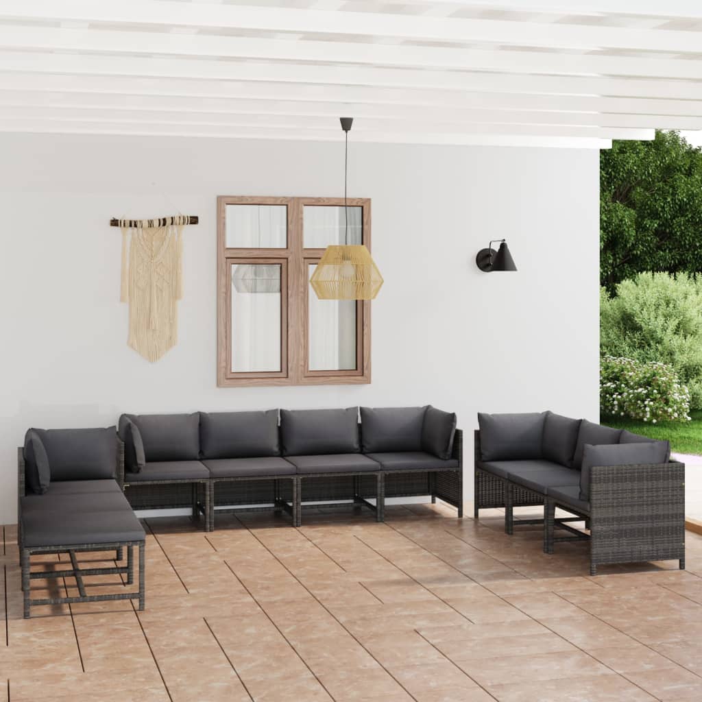 10-delige Loungeset met kussens poly rattan grijs