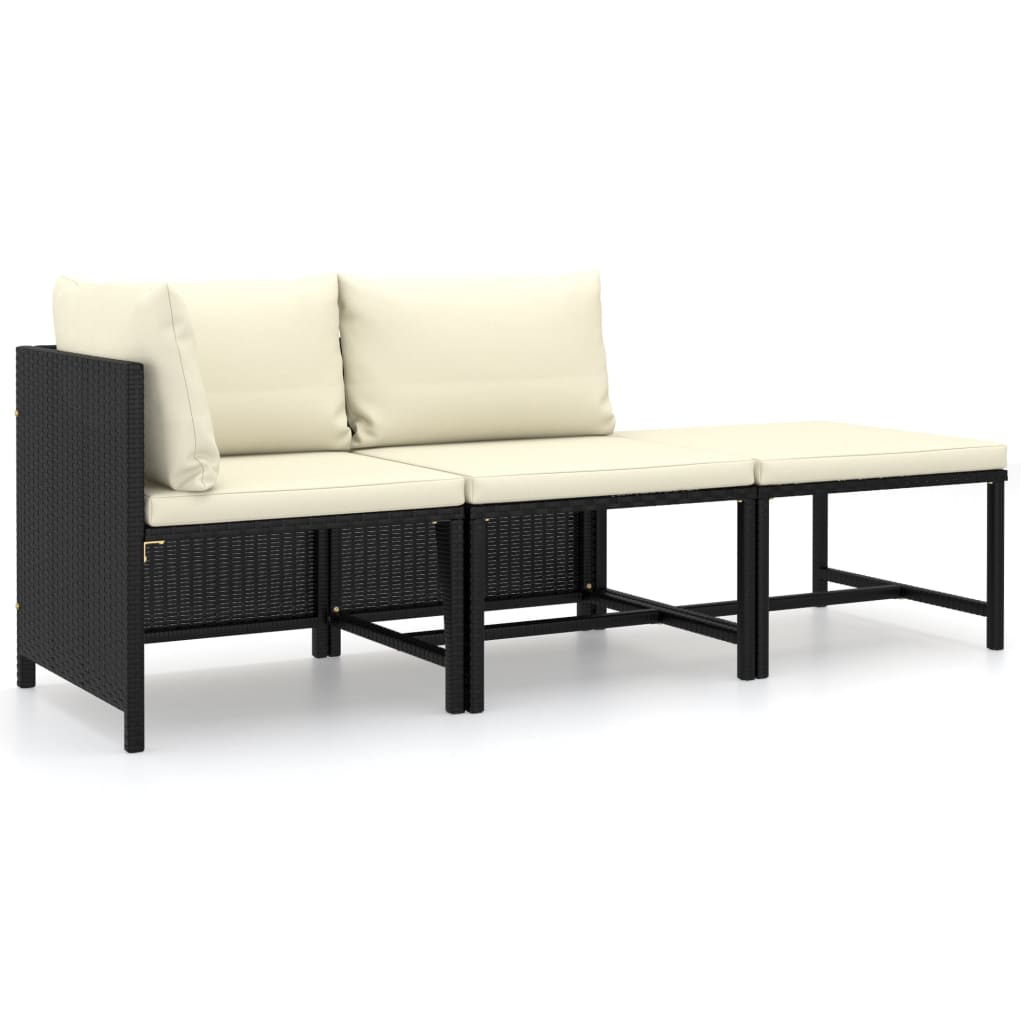 3-delige Loungeset met kussens poly rattan zwart