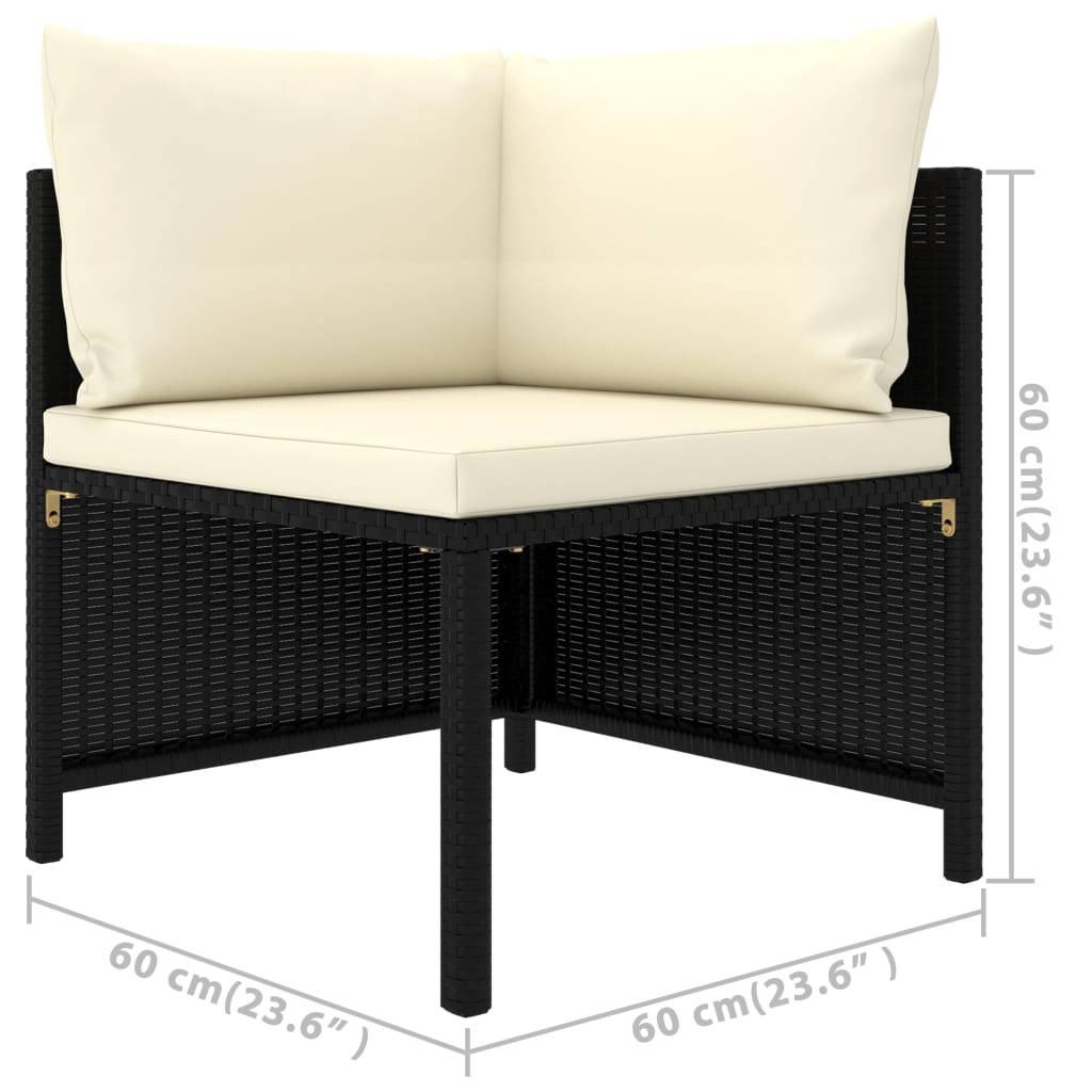 3-delige Loungeset met kussens poly rattan zwart