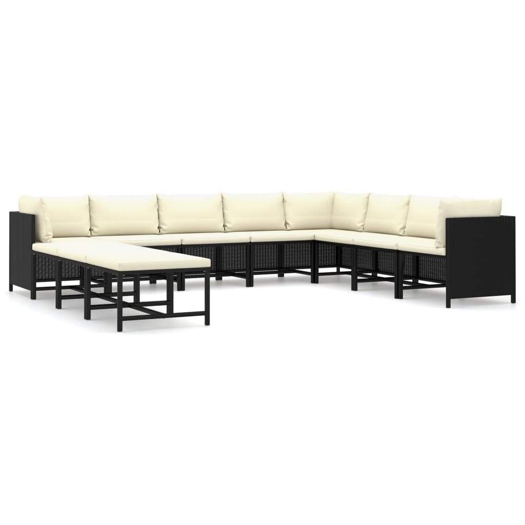 11-delige Loungeset met kussens poly rattan zwart