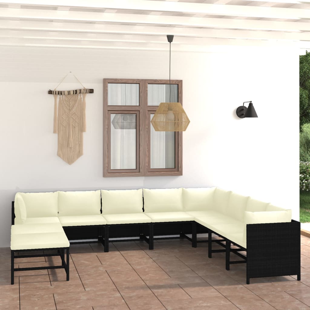 11-delige Loungeset met kussens poly rattan zwart