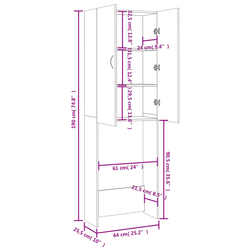 Wasmachinekast 64x25,5x190 cm wit