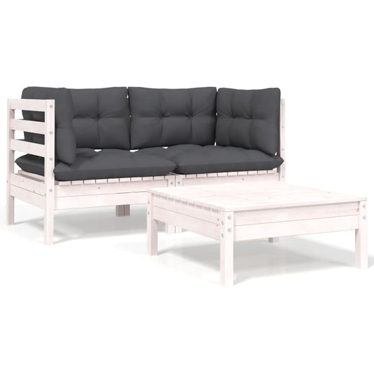 3-delige Loungeset met kussens massief grenenhout wit