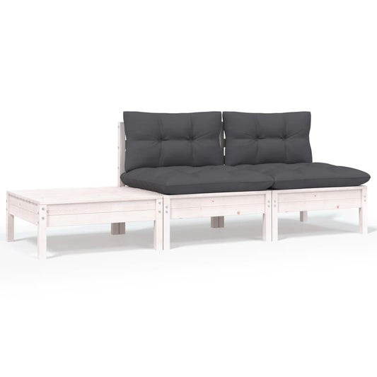 3-delige Loungeset met kussens massief grenenhout wit