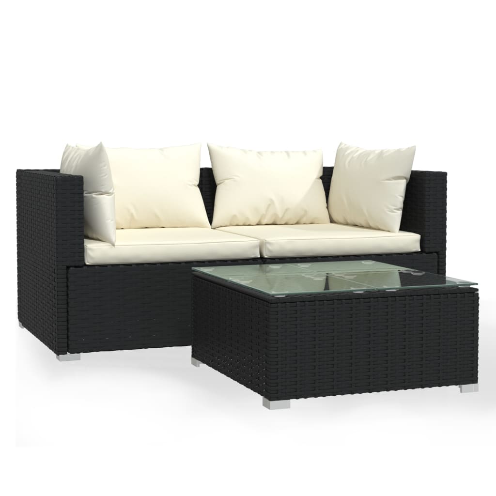 3-delige Loungeset met kussens poly rattan zwart