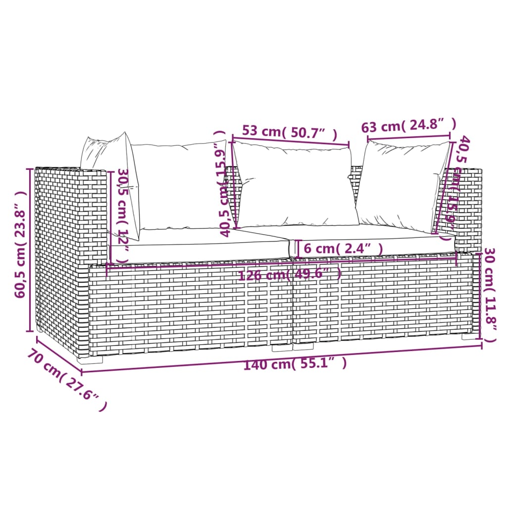 3-delige Loungeset met kussens poly rattan zwart