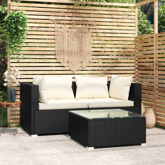 3-delige Loungeset met kussens poly rattan zwart