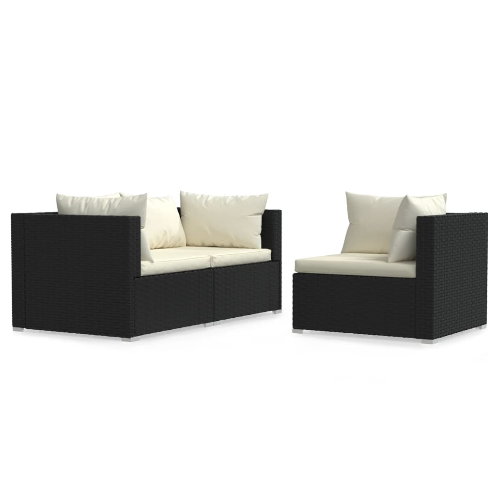 3-delige Loungeset met kussens poly rattan zwart