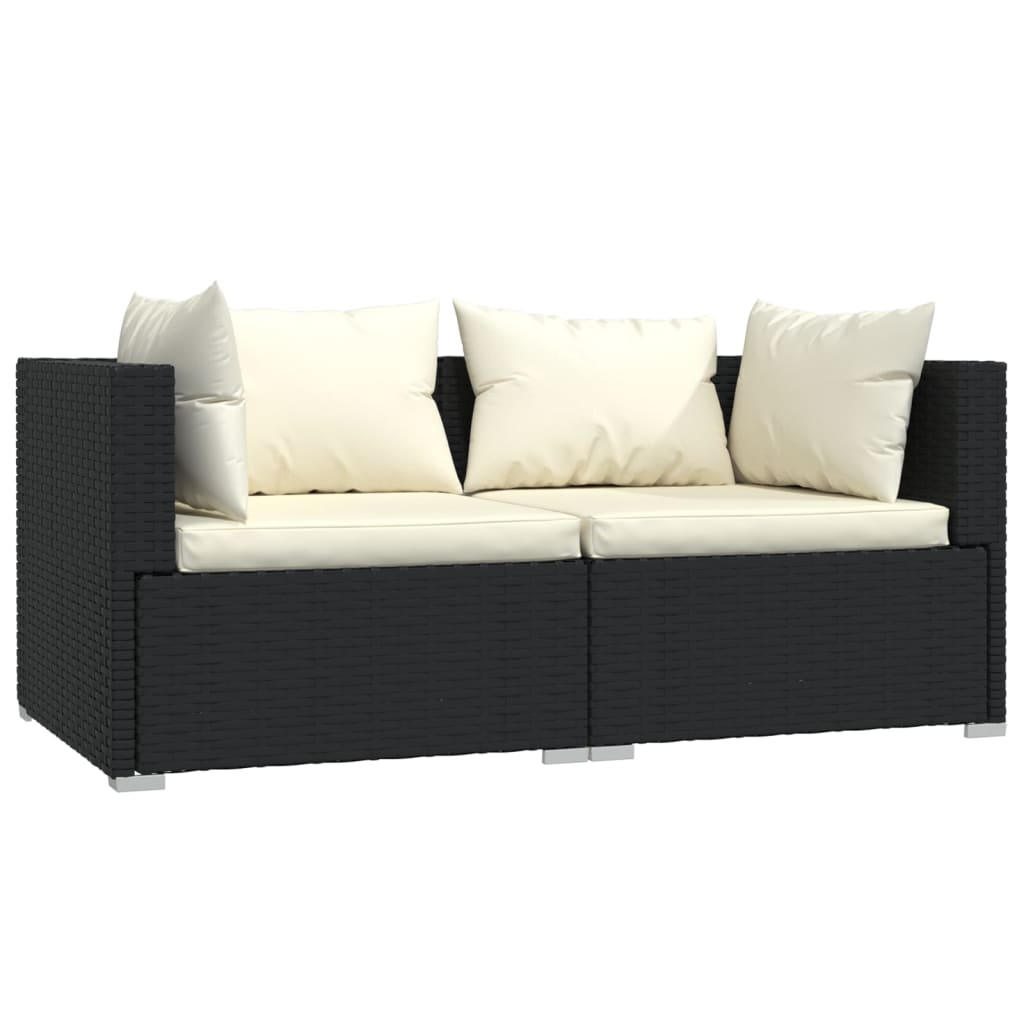 3-delige Loungeset met kussens poly rattan zwart