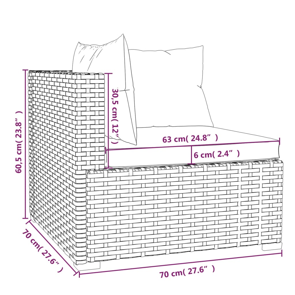 3-delige Loungeset met kussens poly rattan zwart