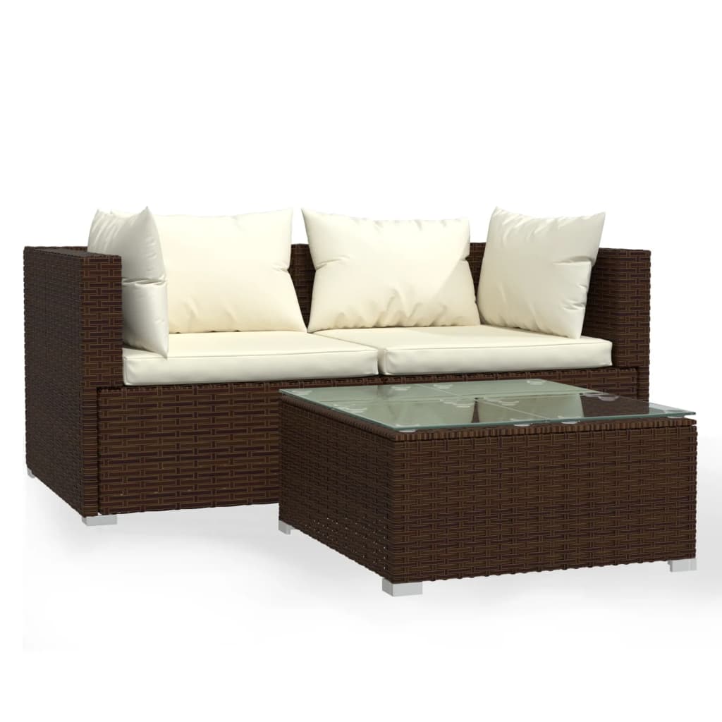 3-delige Loungeset met kussens poly rattan bruin