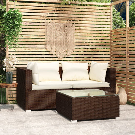 3-delige Loungeset met kussens poly rattan bruin