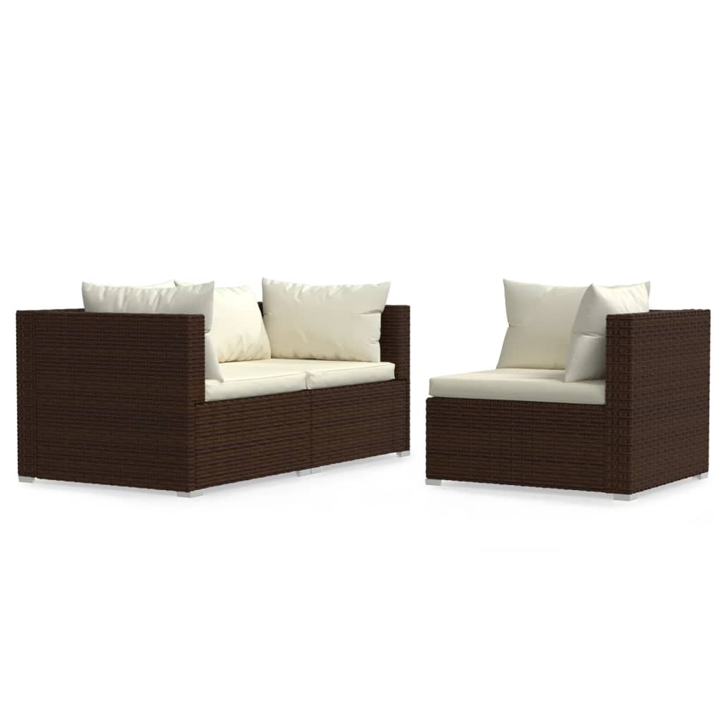 3-delige Loungeset met kussens poly rattan bruin