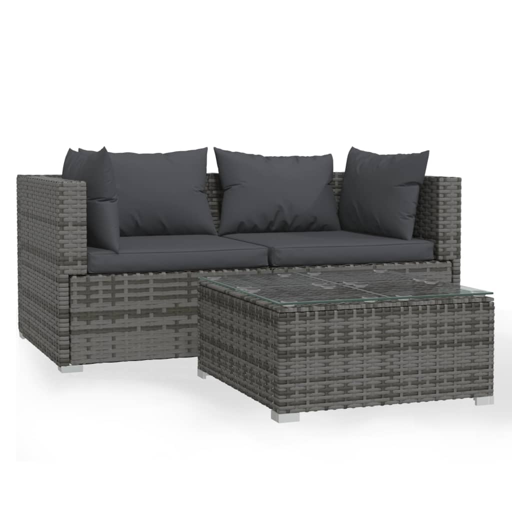 3-delige Loungeset met kussens poly rattan grijs