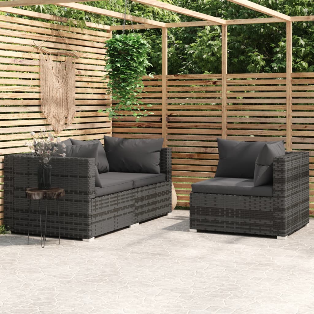 3-delige Loungeset met kussens poly rattan grijs