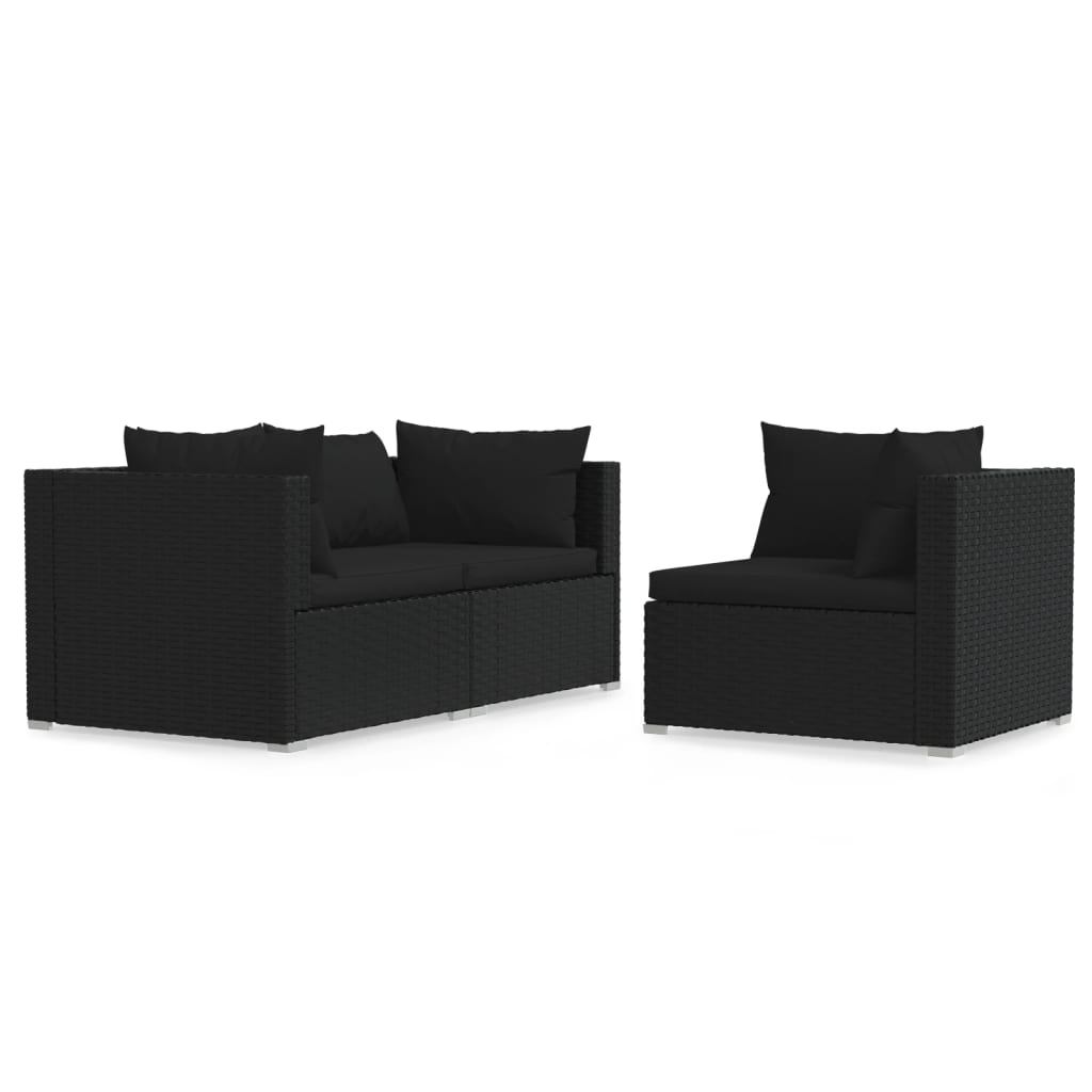 3-delige Loungeset met kussens poly rattan zwart