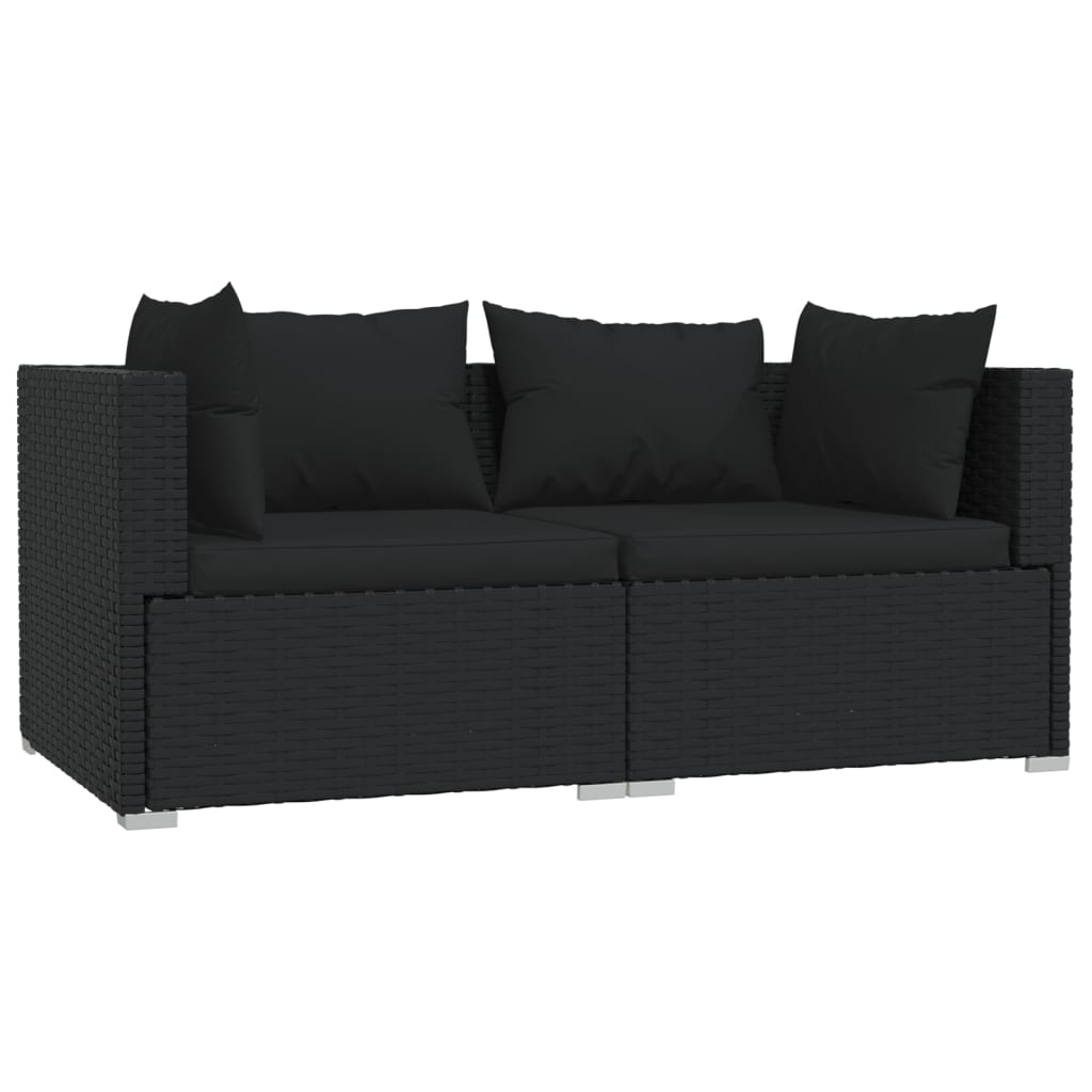 3-delige Loungeset met kussens poly rattan zwart