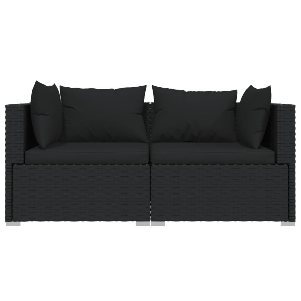 3-delige Loungeset met kussens poly rattan zwart