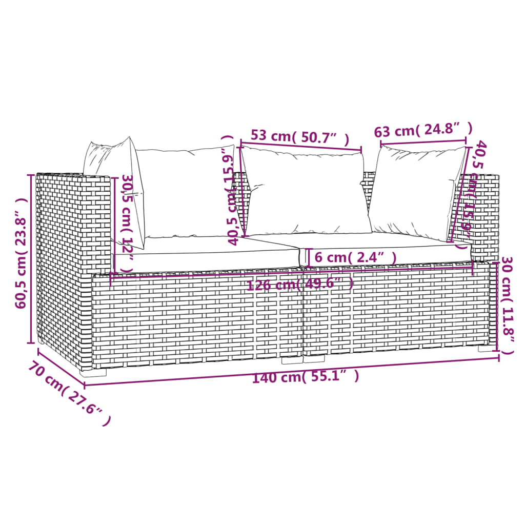 3-delige Loungeset met kussens poly rattan zwart