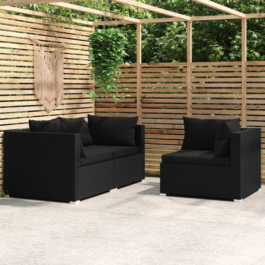 3-delige Loungeset met kussens poly rattan zwart