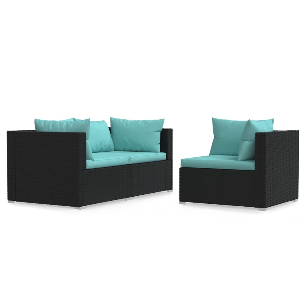 3-delige Loungeset met kussens poly rattan zwart