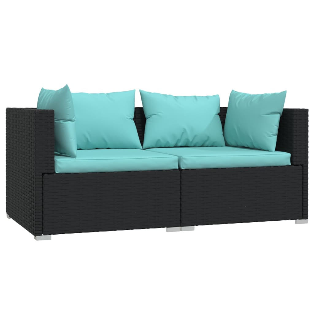 3-delige Loungeset met kussens poly rattan zwart