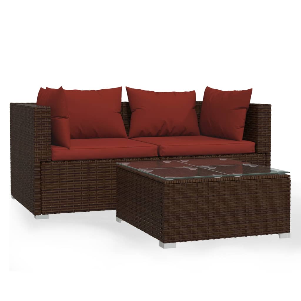 3-delige Loungeset met kussens poly rattan bruin