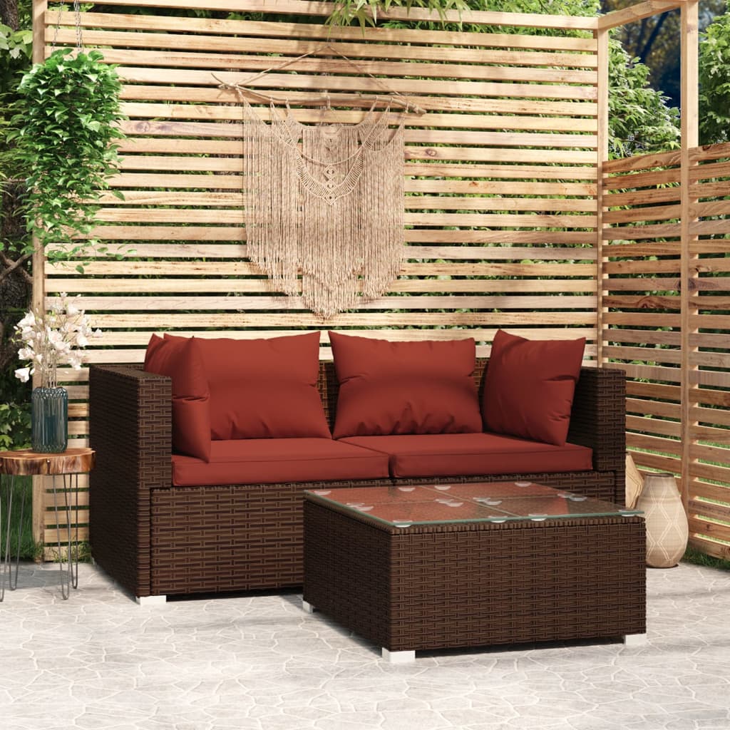 3-delige Loungeset met kussens poly rattan bruin