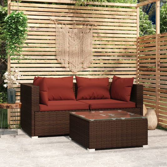 3-delige Loungeset met kussens poly rattan bruin